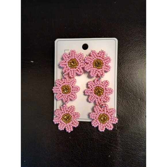 3 Three Pink Seed Beaded Flower Dangle 3.1" L Earrings - Picture 5 of 6